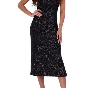 ELEGANT BLACK SEQUINED SLEEVELESS V-NECK MIDI DRESS by BB DAKOTA BY STEVE MADDEN